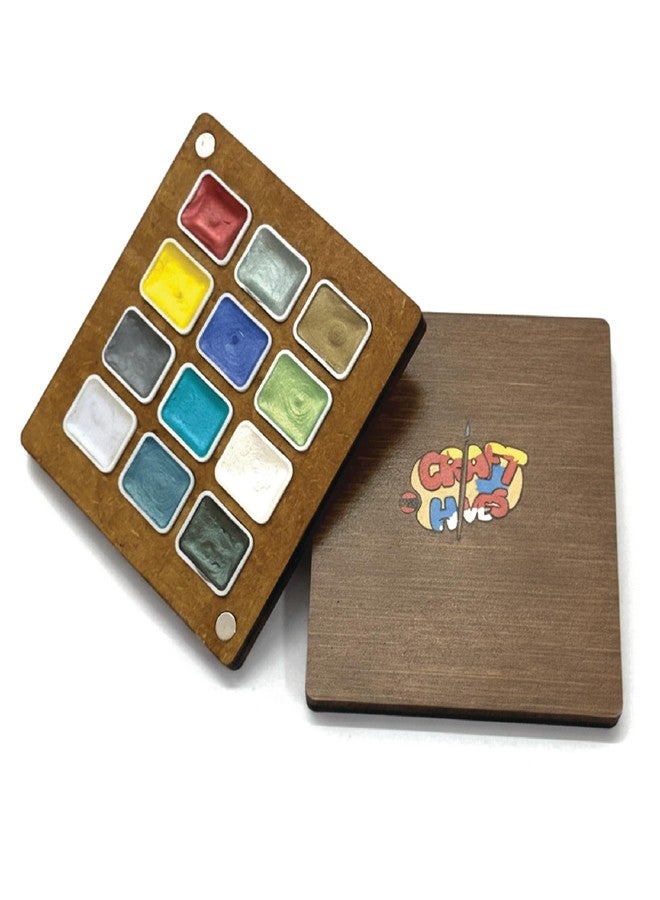 The Crafthives Metallic Watercolour Palette, 12 Shades, Wooden Case with Magnetic Pans, 9x8 cm - Image 1